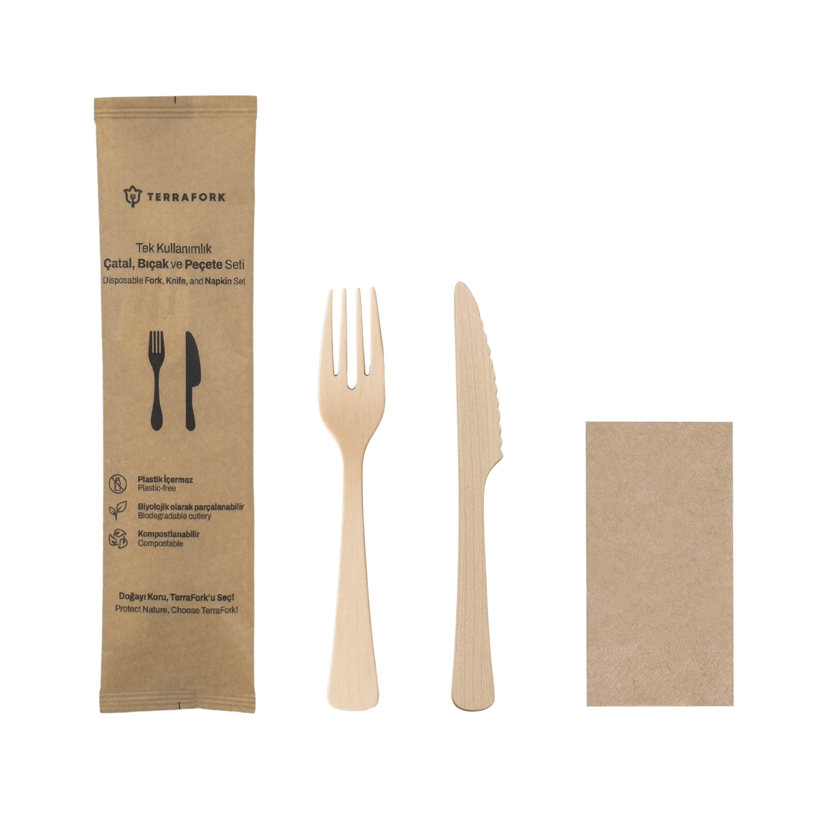 WoodLuxe™ Premium Çatal, Bıçak ve Peçete Seti (500 Adet)